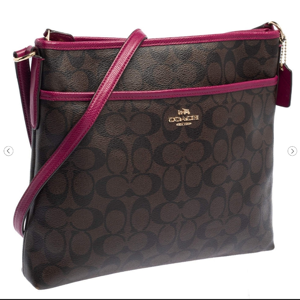 Coach Brown & Fuchsia Signature Canvas and Leather Swingpack File Crossbody Bag